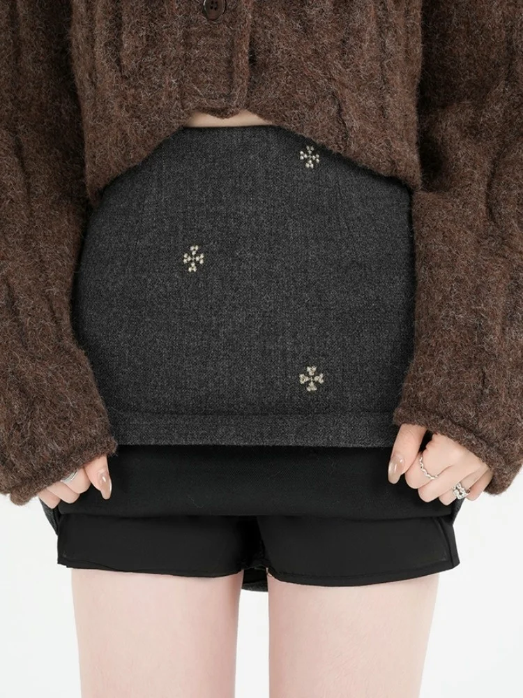 Retro Floral Stickerei Woolen Rock Hohe Taille frauen Luxus Sle A-Line ort Rock Herbst Winter Koreanische Sle