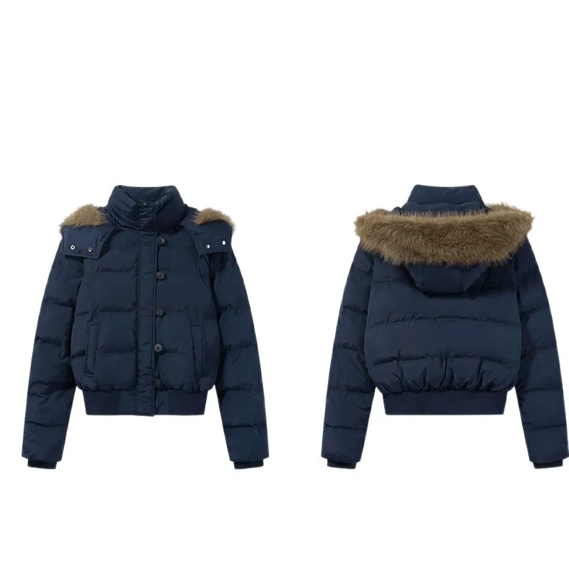 

Navy Blue Removable Hat Fur Collar Cotton Jacket Women's 2025 Winter New Loose Short Cotton Coat