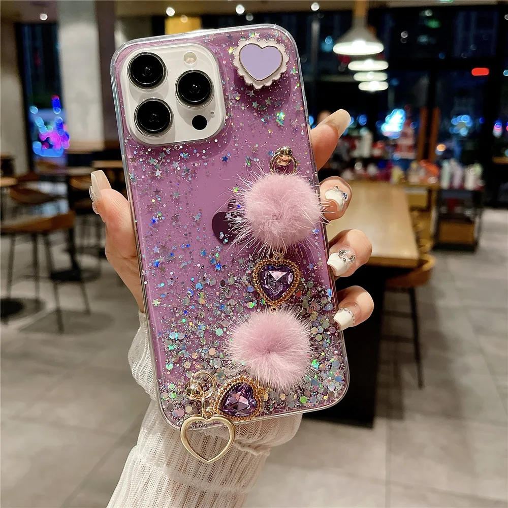 Luxury Glitter Love Heart Plush Bracelet Case For Samsung A05 A05S A15 A14 A24 A34 A54 A13 A23 A33 A53 A32 A52S A51 A71 Cover