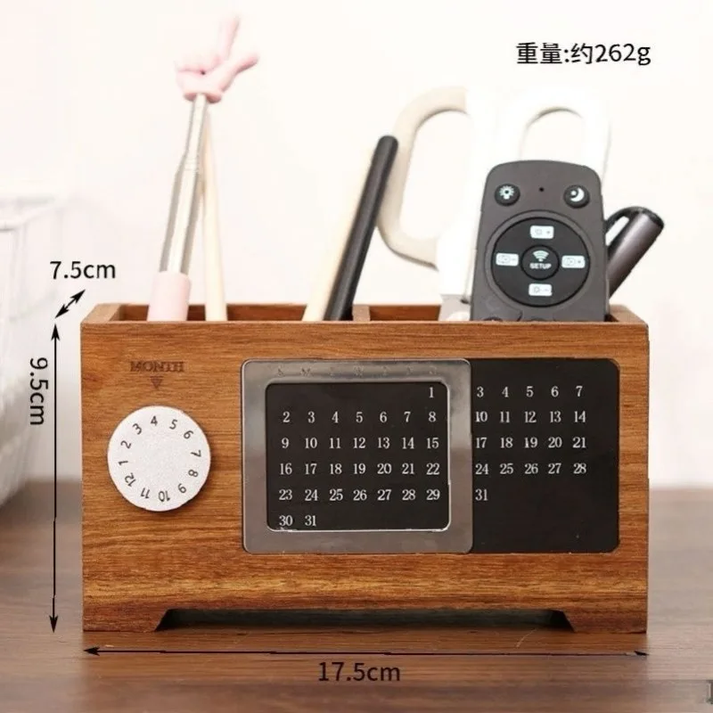 Perpetual calendar pen holder storage box remote office solid wood pen holder remote control storage desktop multi-function