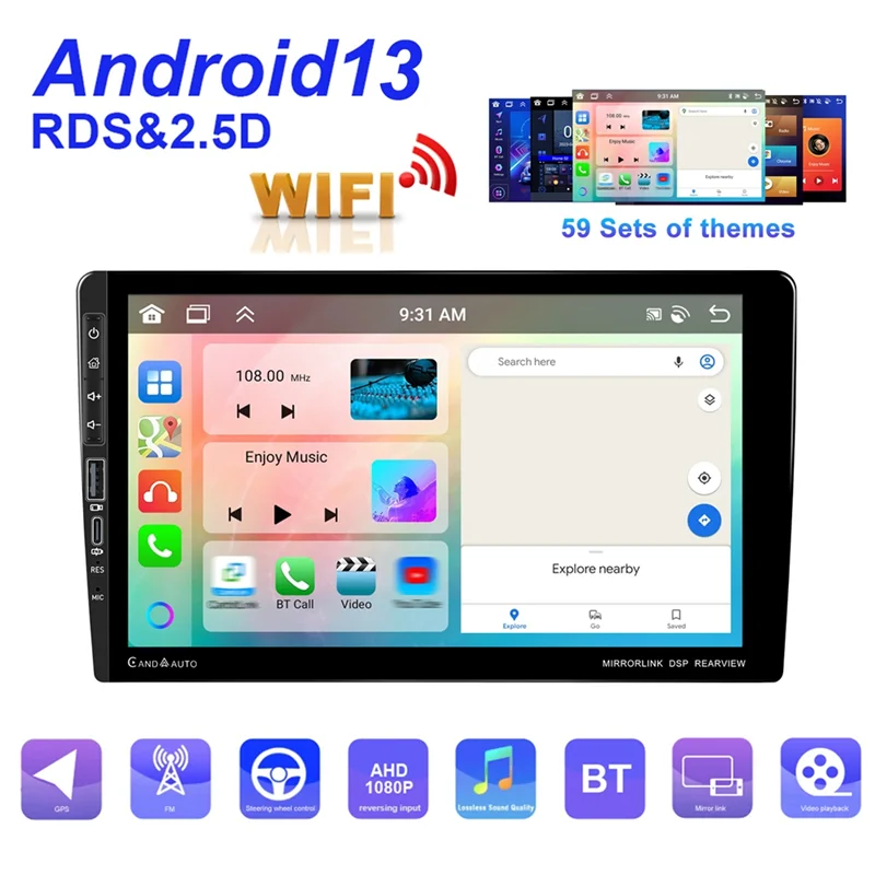 Autoradio Carplay Android 13, 4 go + 64 go, 9 pouces, universel, 2 Din, lecteur multimédia, stéréo, GPS, Wifi, FM, Bluetooth