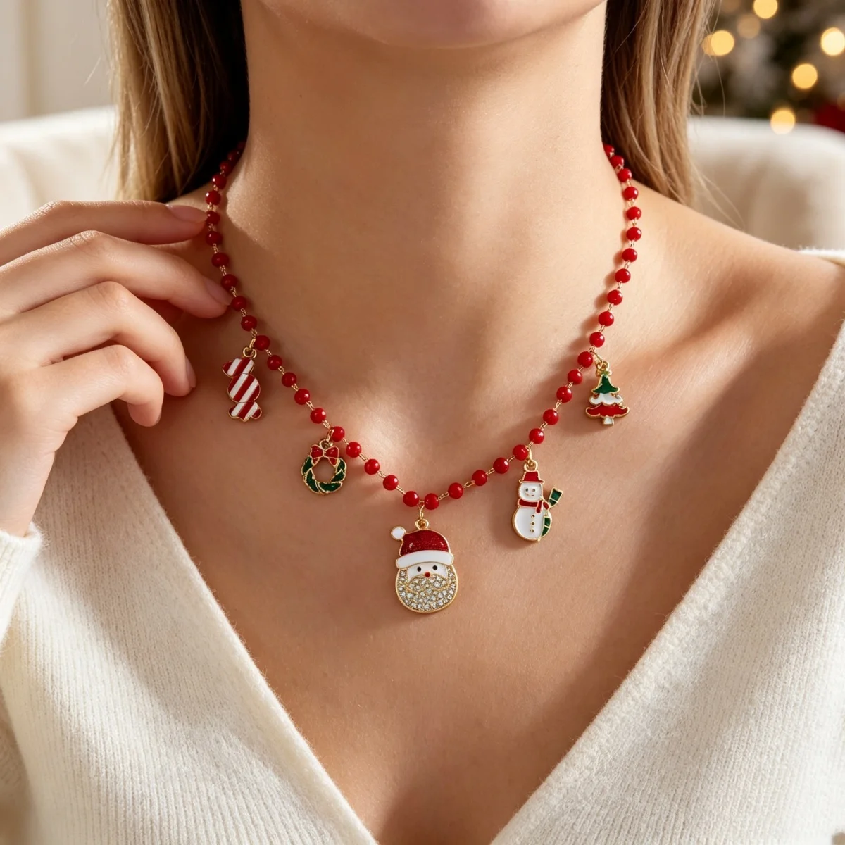 Weihnachtsbaum, Schneemann, Weihnachtsmann, Kranz, rote Kristall-Halskette für Damen und Herren, Weihnachten, Schneeflocken, Glocken, Hirsch, Halsband, Neujahrsschmuck – Detail 8