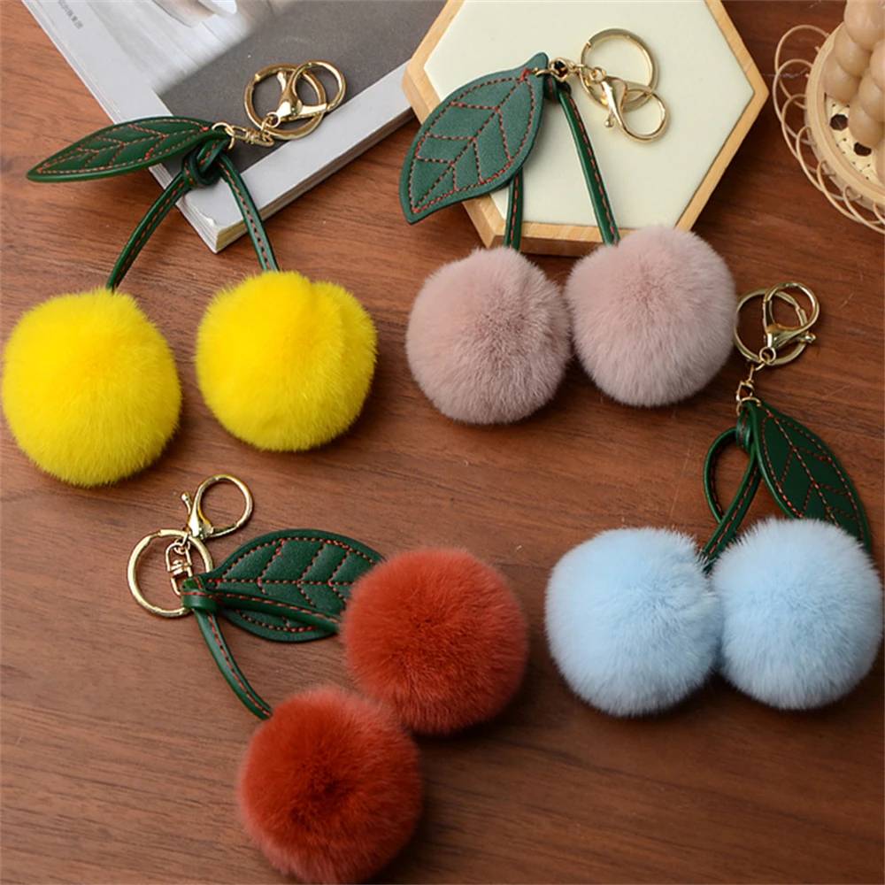 Cute Otter Rabbit Hair Cherry Bag Pendent Multi-color Car Keychain Pendant Doll Hanging Decoration Bag Charm for Women Gift