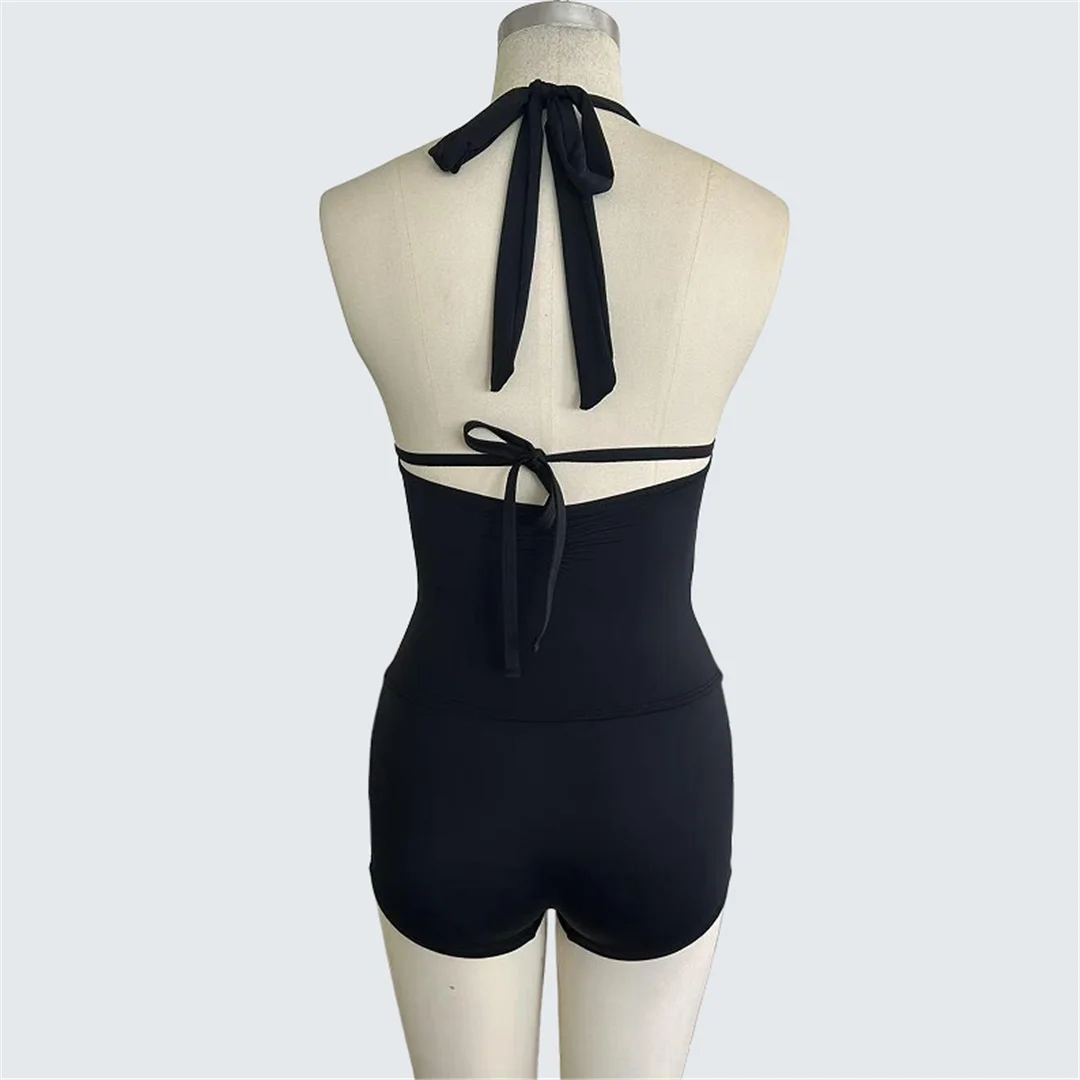 S - XXL Neckholder-Badeanzug mit V-Ausschnitt, geraffter Einteiler, Damen-Badebekleidung, Shorts, Monokini, gepolsterter Badeanzug, Badeanzug, Schwimmanzug V7535 – Detail 11