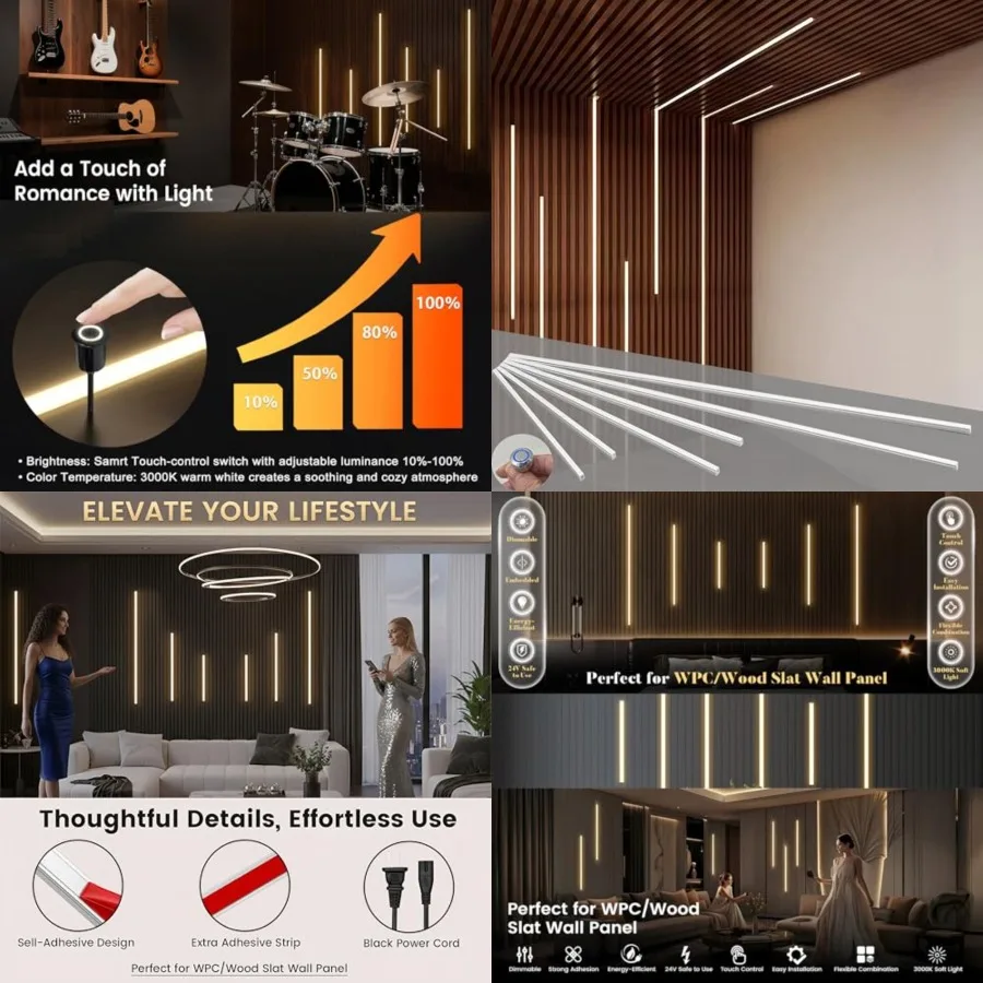 LED Recessed Lighting Wall Panel Lights, Self-Adhesive Wood Slat Wall Panel Strip Light, 4000K Touchable Switch Dimmable LED Al