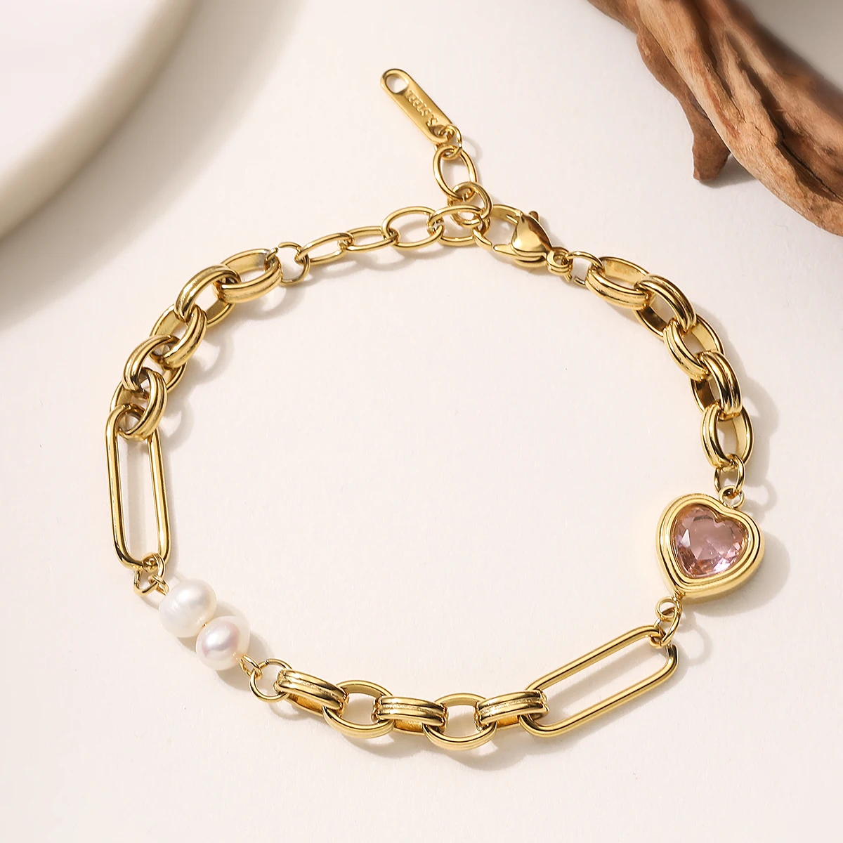 NEWBUY 316 Stainless Steel Gold Plated Heart CZ & Freshwater Pearl Paperclip Chain Bracelet Dainty Daily Women Jewelry