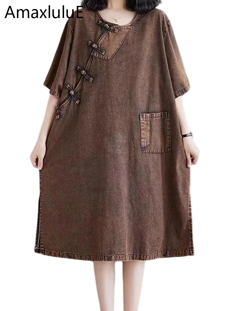 

Amax luluE китайские летние женские винтажные джинсовые платья больших размеров, свободные повседневные роскошные платья с круглым вырезом, женская классическая длинная одежда