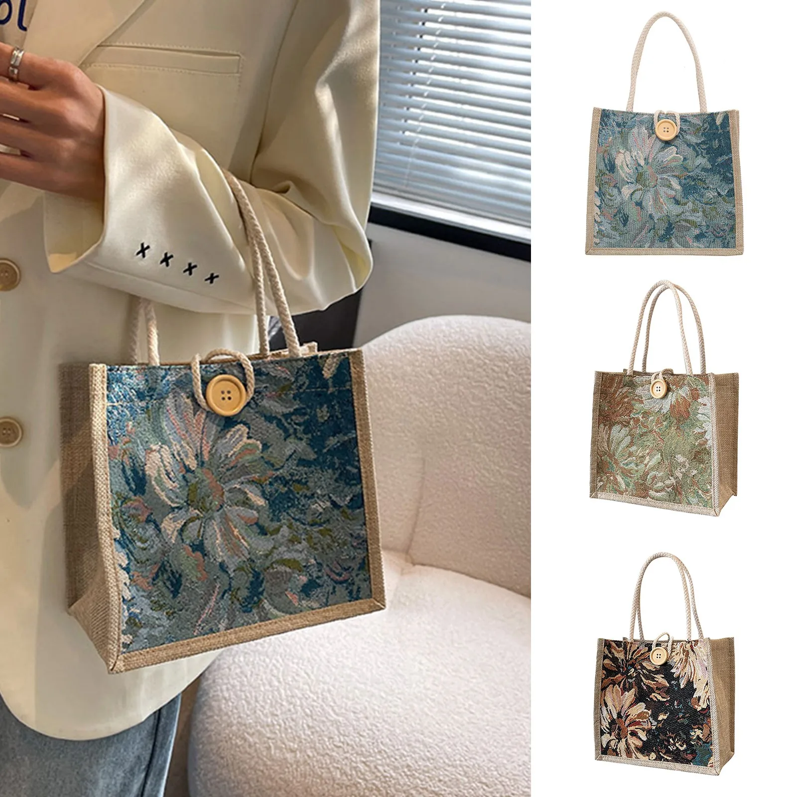 Portable Hand Bag Linen Bag Women Ins Style Students Handbags Fashion Ladies Top-Handle Bags Designer Luxury Flower Print Bag