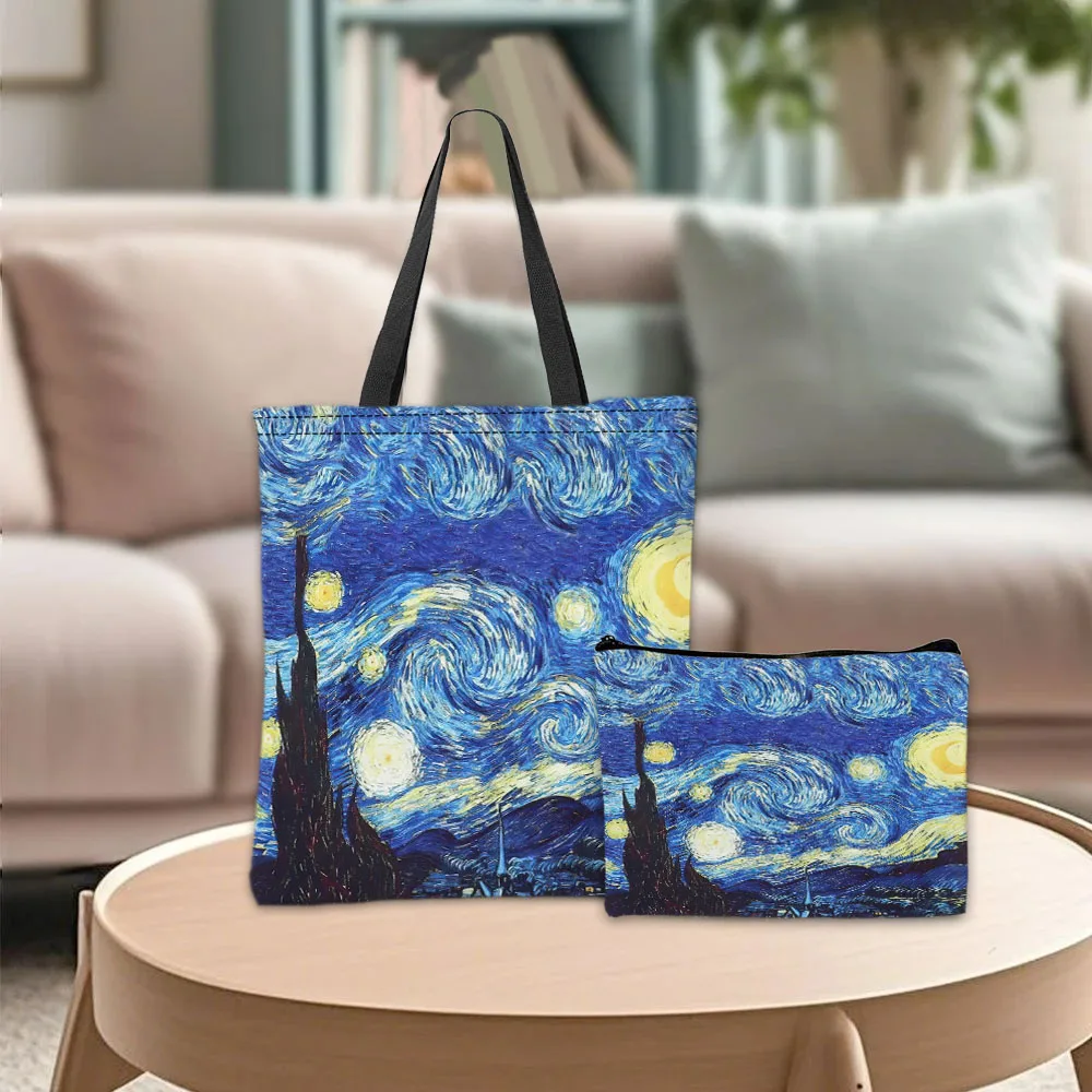 Van Gogh Series Tote Bag Cosmetic Pouch Oil Painting Starry Night Sunflower Travel Handbag Practical Combination Shopping Bags
