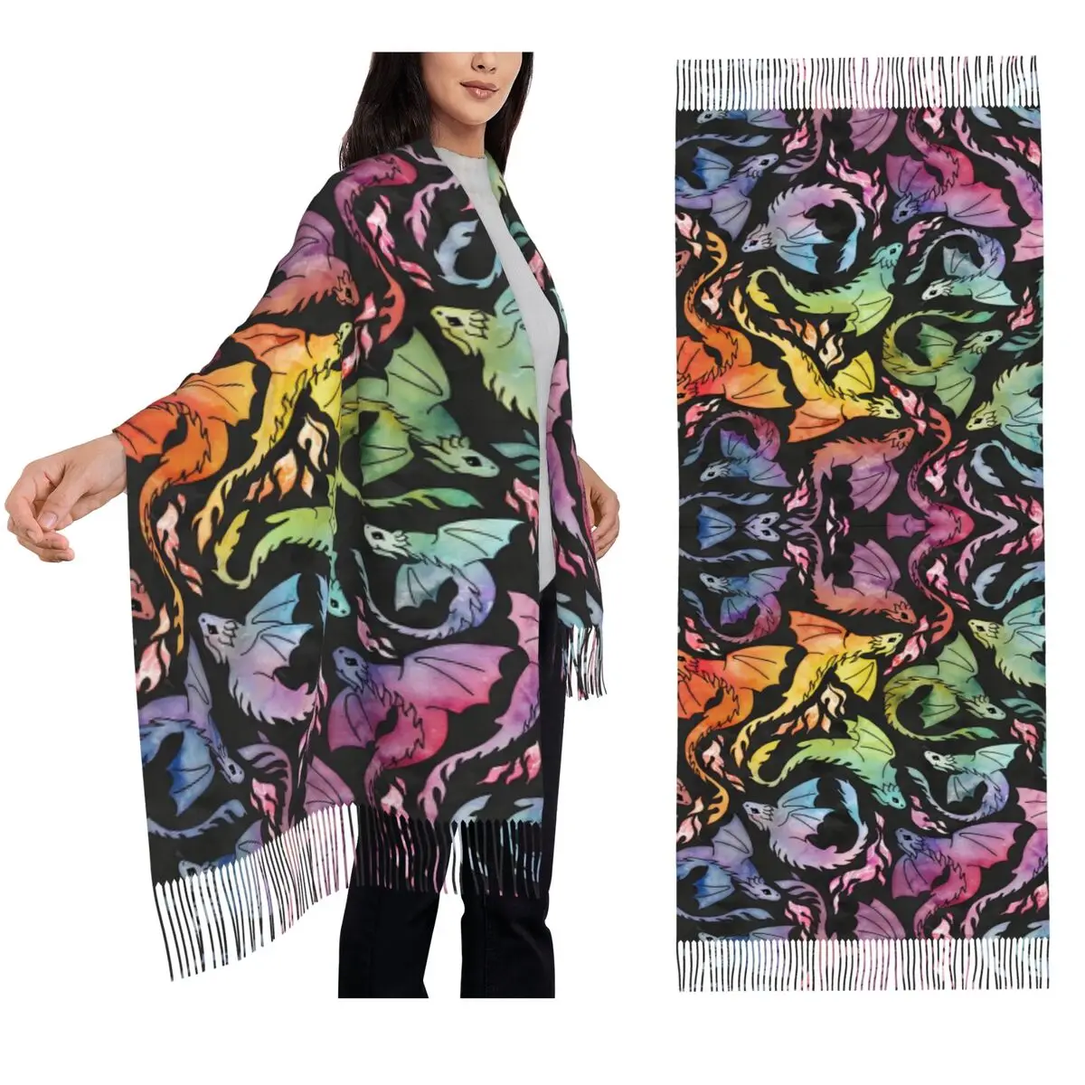 التنين النار الظلام قوس قزح وشاح شرابة الأوشحة النساء شالات دافئة لينة ويلتف كبير الخريف الشتاء شال التفاف