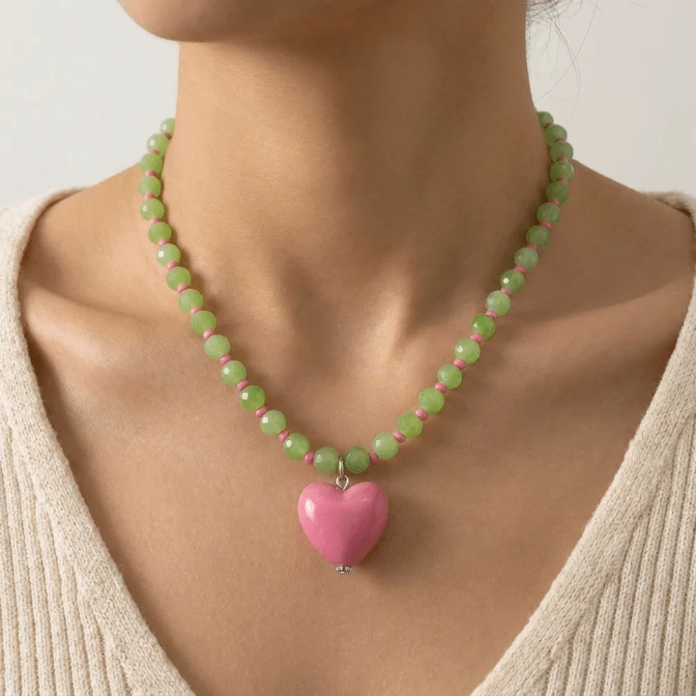 Candy Color Heart Necklace Aesthetic Clavicle Chain Beaded Pendant Choker Glass Beaded Adjustable Y2K Necklace Women Girls