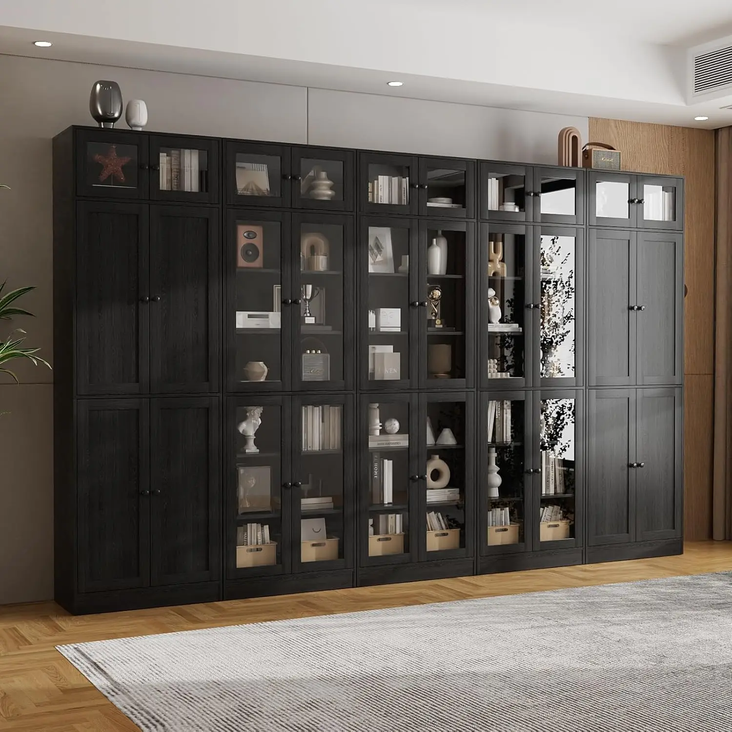 

85.5" Tall Wooden Bookshelf 5 Sets, Storage Cabinet with Glass Doors, 7 Tier Bookcase for Living Room, Pantries, Customized