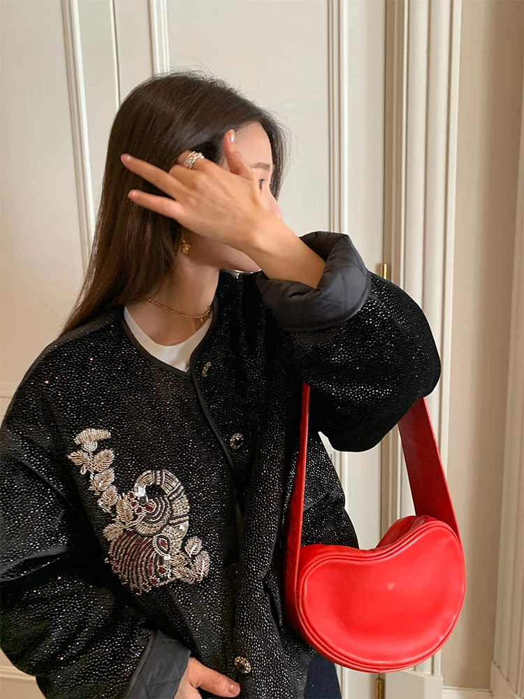 

Bla Embroidered Cotton Jaet for ort Women Winter Faion Design Korean Sle Loose Fit Long Sve round Ne Single Bu...