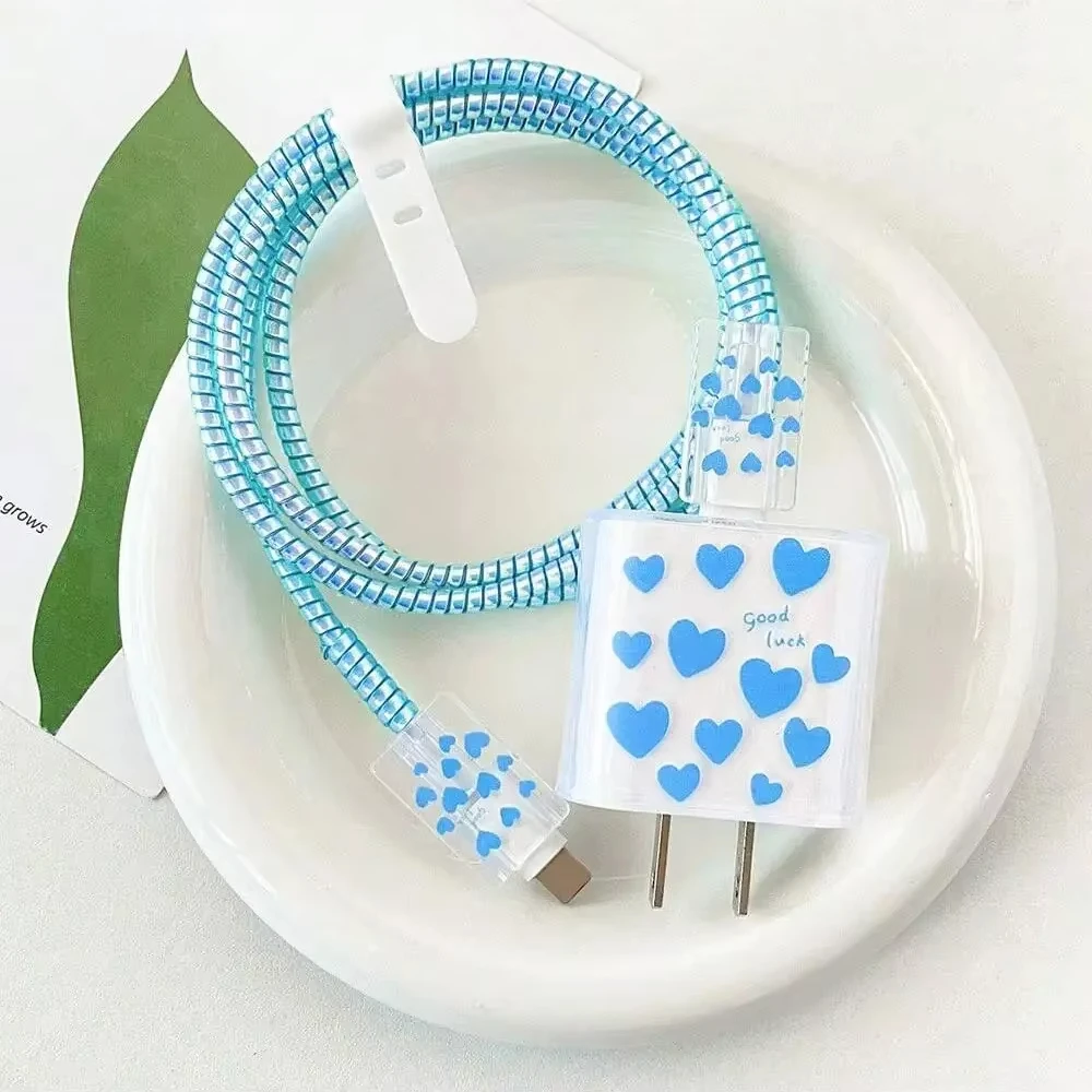 4 قطعة/المجموعة الحب القلب لينة شاحن حامي القضية آيفون 16 15 14 13 18 واط 20 واط شحن رئيس الغطاء الواقي كابل يو اس بي اللفاف #6