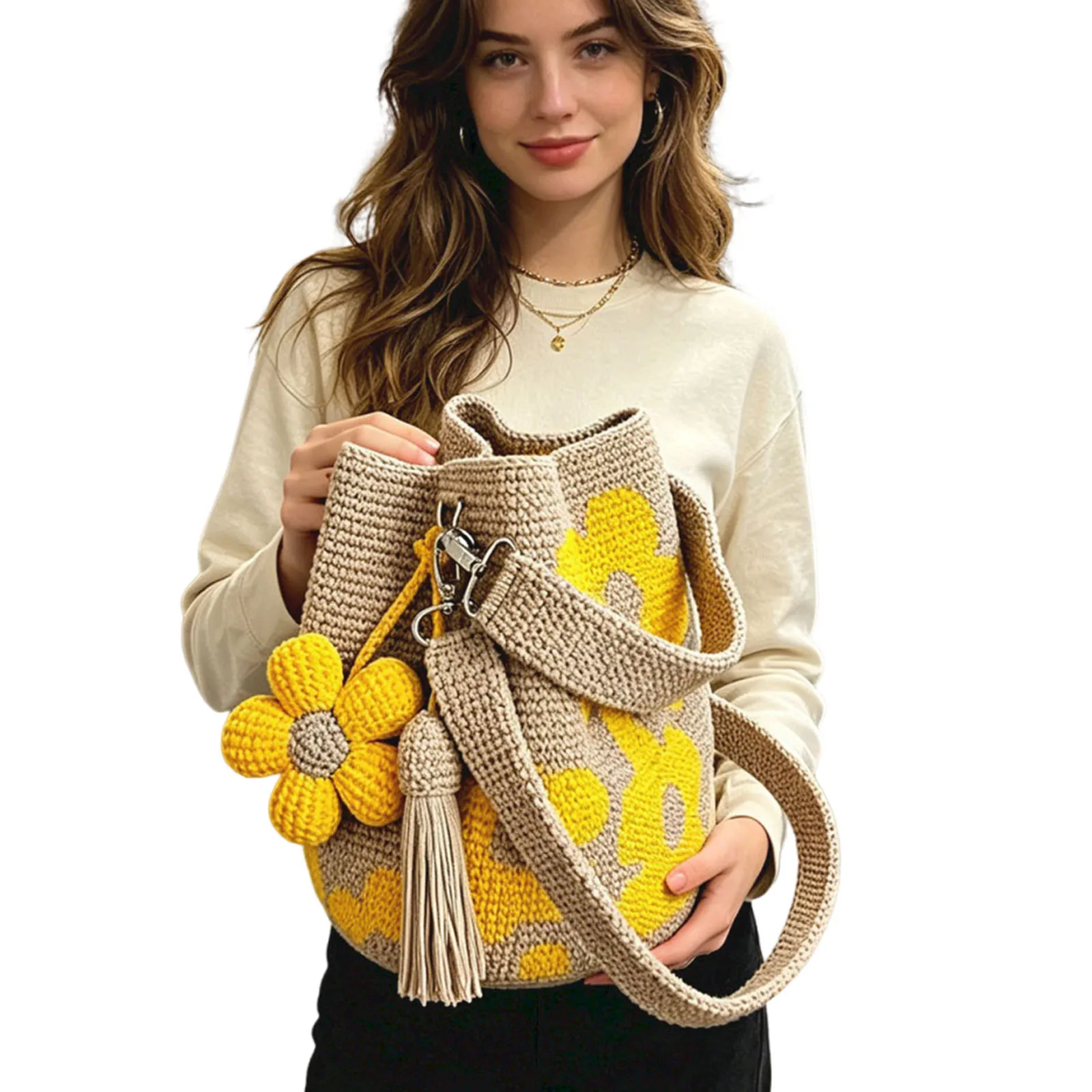 Boho Beach Handbag Lightweight Crossbody Shoulder Bag with Flower Tassel Hand-Crochet Woven Summer Beach Bag for Women Vacation