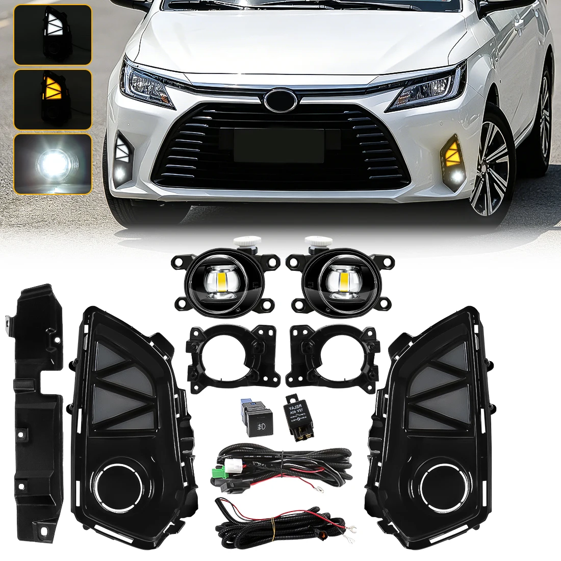 LED DRL Fog Lamp Kit For Toyota Yaris Ativ/Vios 2022-2025 Car Daytime Running Light Fog Lamp Turn Signal with Wiring Harness 12V