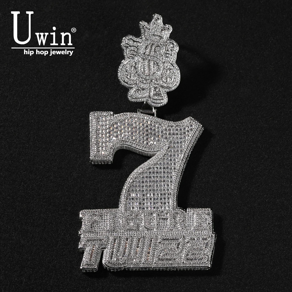 

Uwin Huge Number 7 Figures Twizz Charm Pendant Crown $ Bail Micro Paved Out CZ Pendant Necklace For Gift Hiphop Punk Jewelry