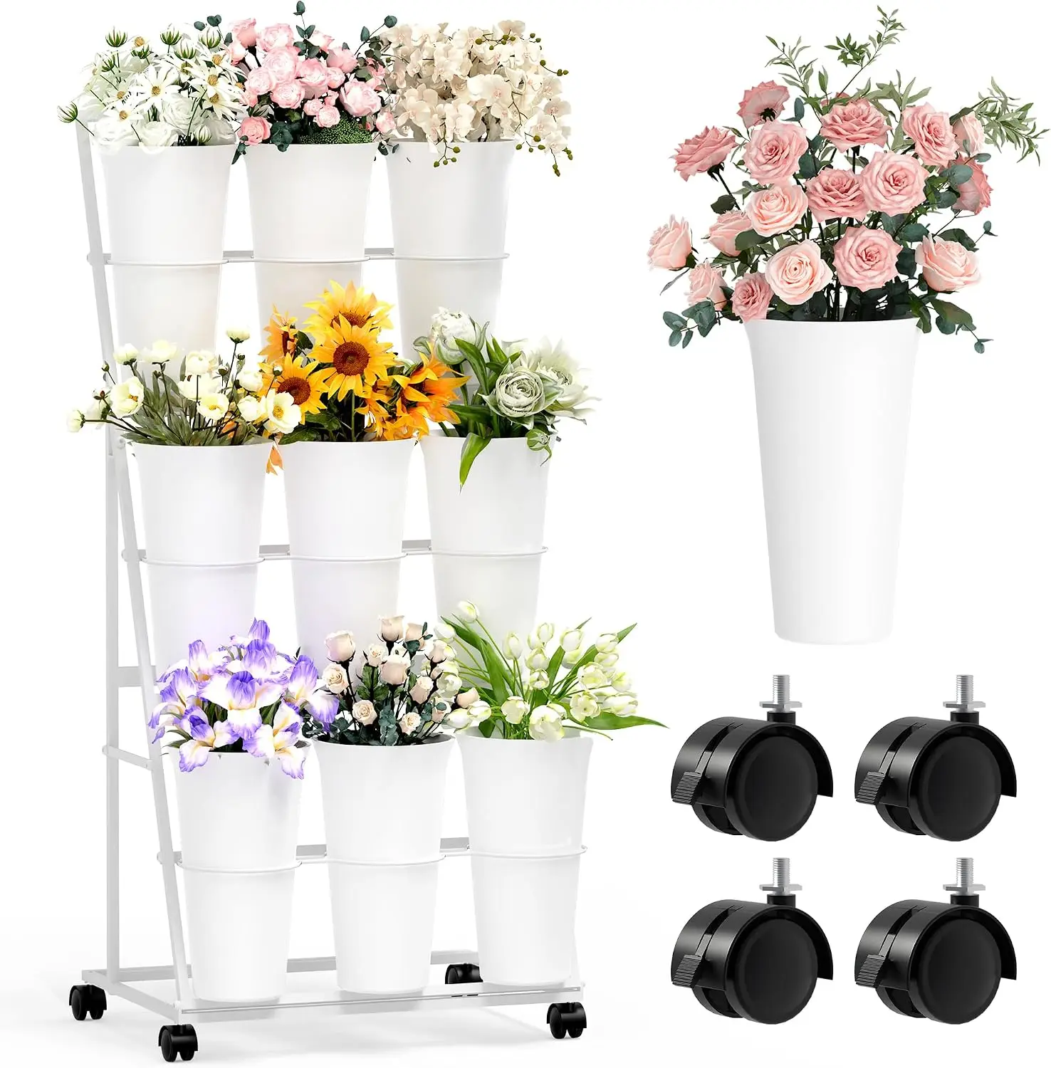 Heavy Duty Flower Display Stand Metal Plant Holder Shelf Moving Flower Cart Bucket Rack Mobile Storage Organizer Shelf Outdoor Garden Patio Florist Living Room White