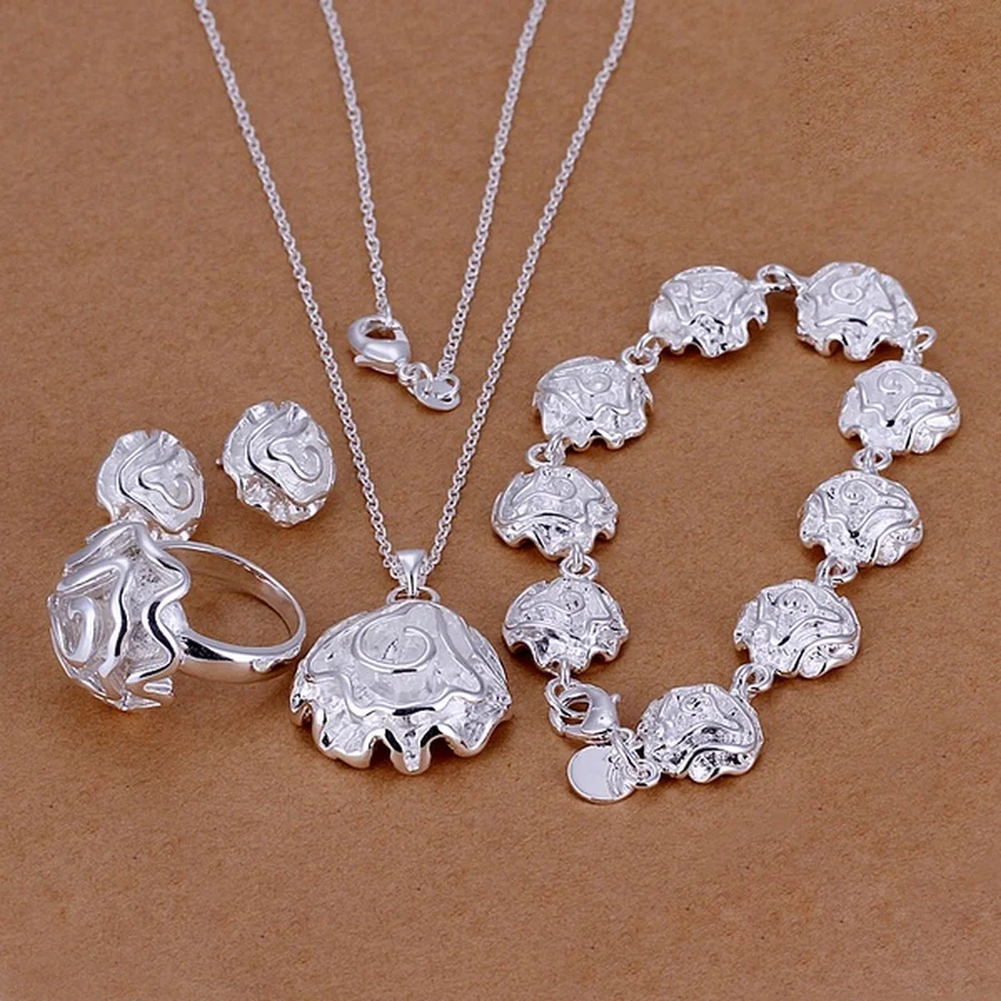 

925 Sterling Silver Wedding Jewelry Set Exquisite Charm Rose Flower Bracelet Necklace Ring Stud Earrings Fashion