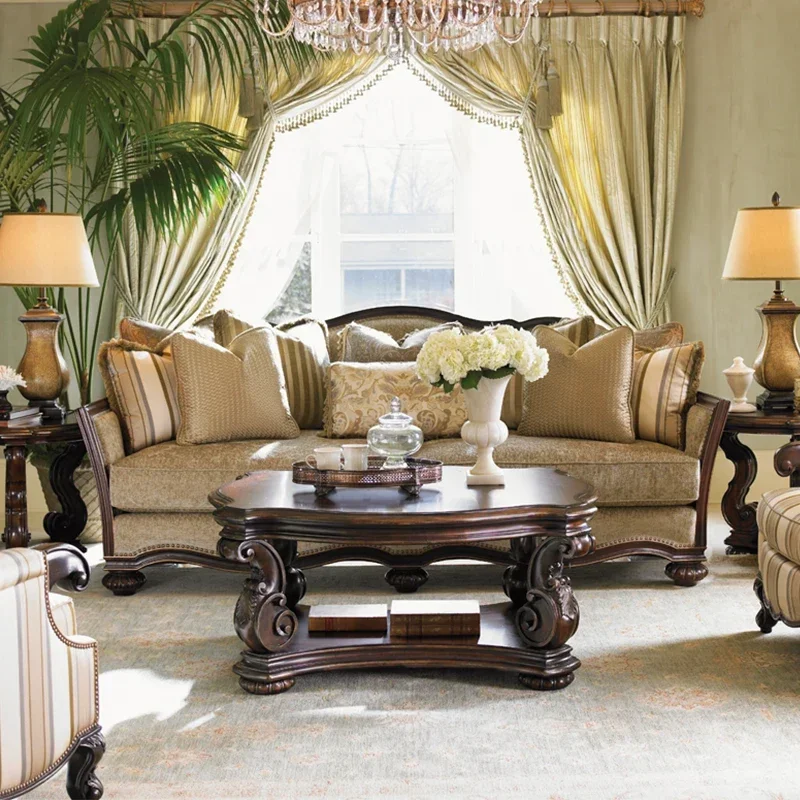 

American European vintage coffee table combination living room French light luxury all solid wood carved furniture