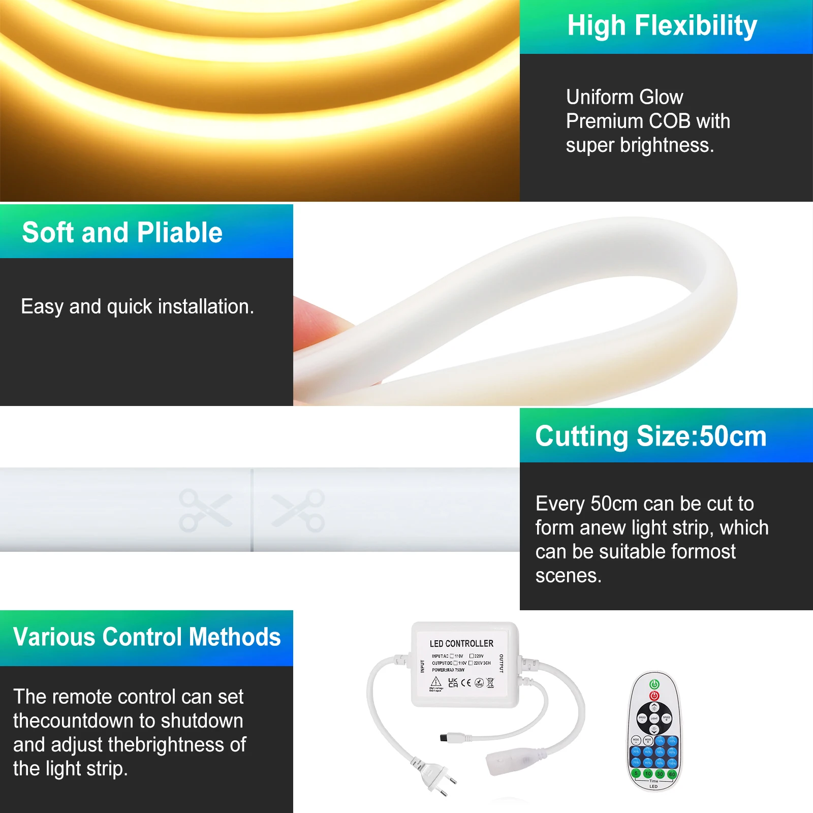 220V Dimmable COB LED Neon Strip Light IP67 23Key Remote EU Power Kit Red Green Blue Warm White 288LEDs Home Decor Flexible Lamp