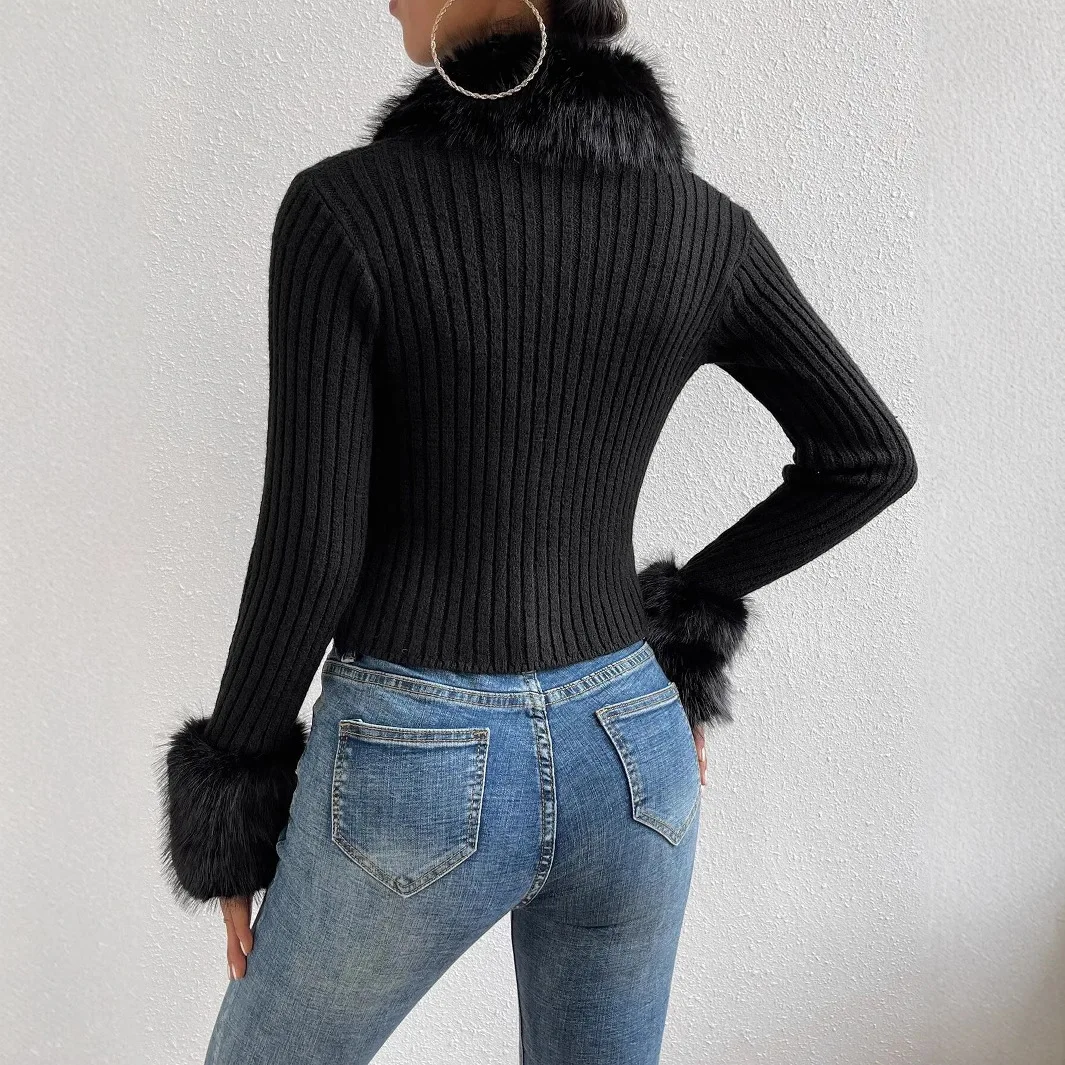 2025 New Fashion Button Slim Knitted Cardigan Women Autumn Sexy And Elegant Fur Collar Long-sleeved Top For Women