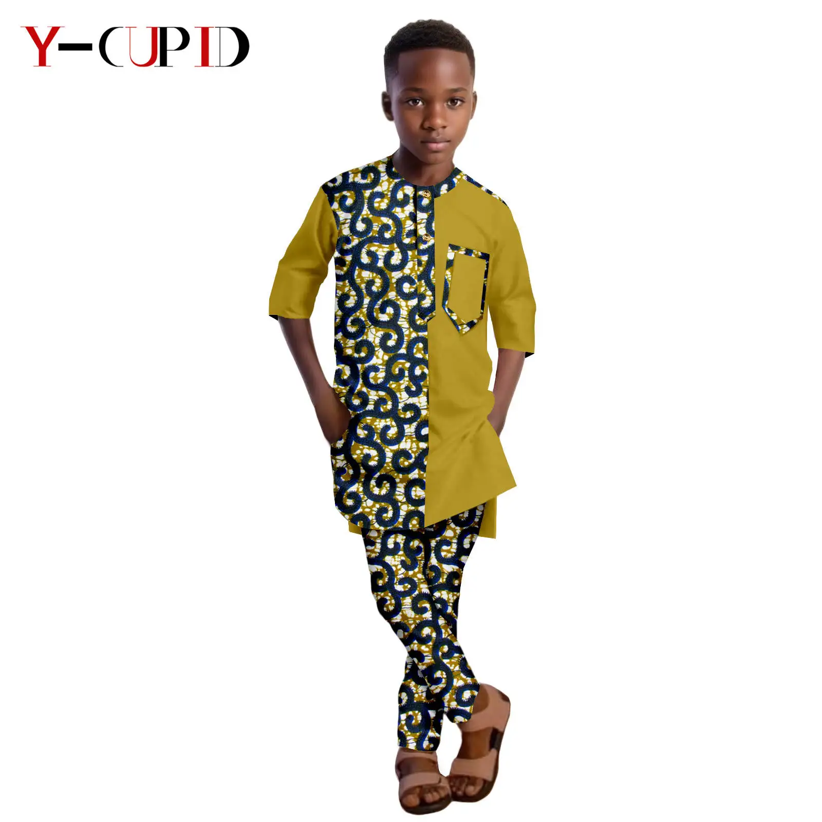 African Clothes for Kids Boys Outfits Bazin Riche Children Print Patchwork Half Sleeve Top and Pants Sets Ankara Suits 2546008