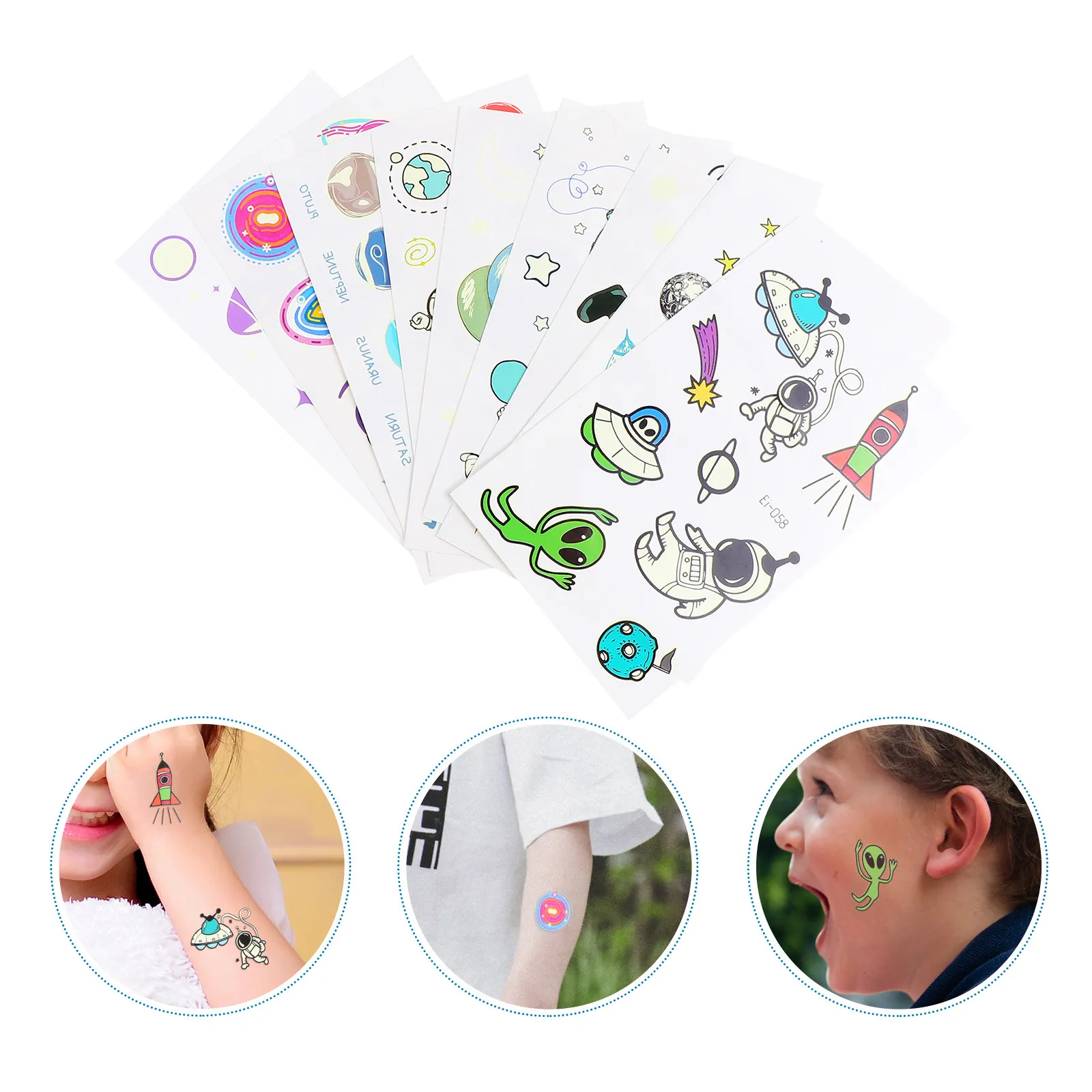 

10 шт. светящихся временных татуировок-наклеек, светящихся в темноте, для взрослых, флуоресцентные, с мультяшным космическим дизайном, водонепроницаемые