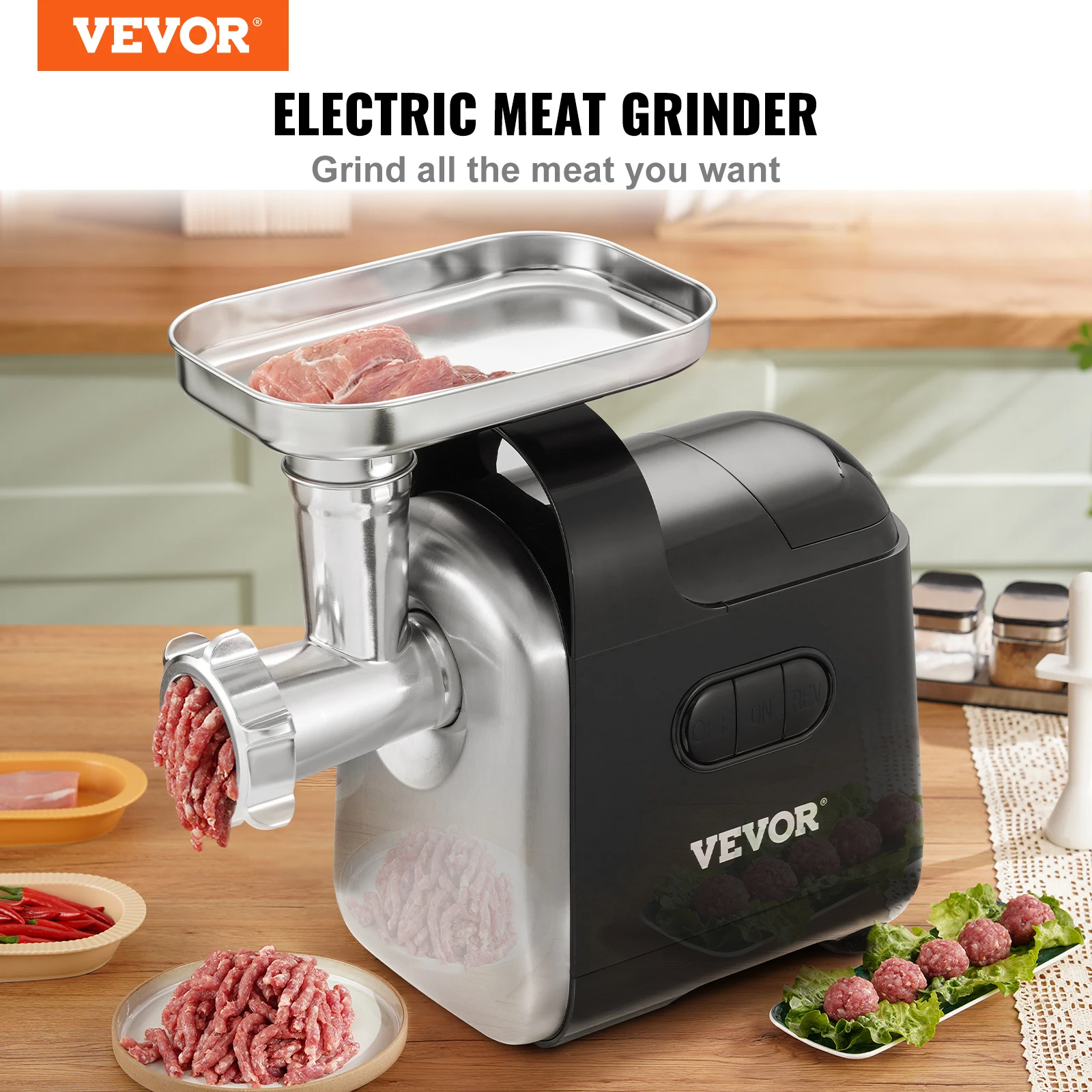 VEVOR 550W（2200W MAX) Electric Meat Grinder with 2 Blade, 3 Grinding Plates, Sausage Maker & Kubbe Kit ABS + Stainless Steel