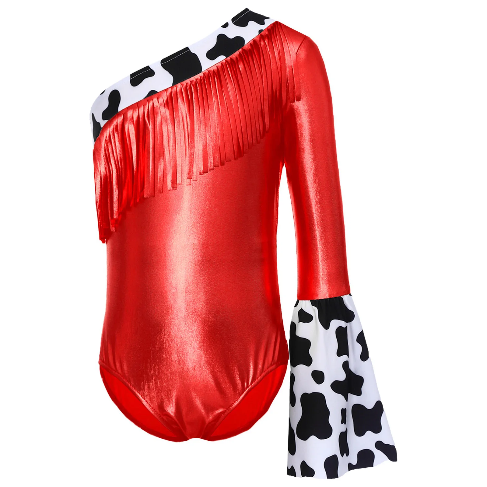 Girls Halloween Carnival Theme Party Western Cowgirl Cosplay Costume One Shoulder Fringe Metallic Bodysuit Gymnastics Leotard