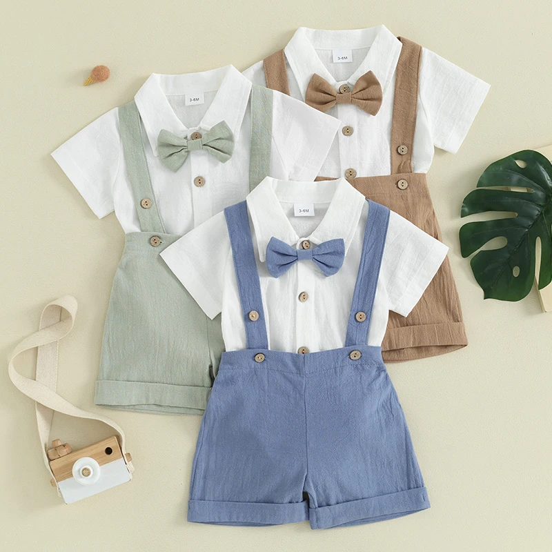 Newborn Baby Boys Gentleman Outfits Short Sleeve Turn-down Collar Button Romper Bib Pants Bow Tie 3Pcs Short Set Kids Clothes