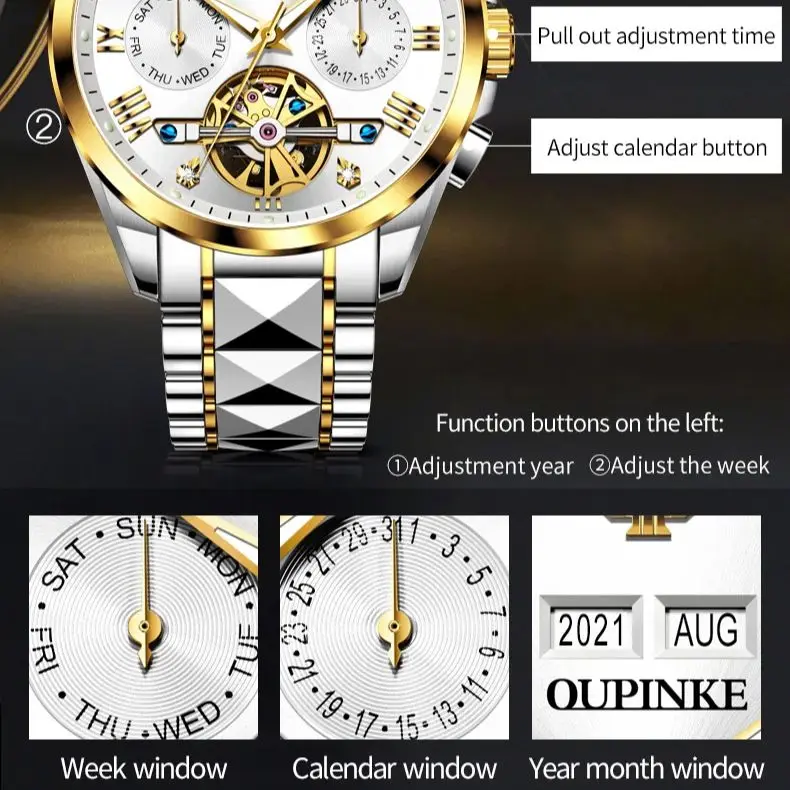 OUPINKE 3186 ساعة رجالية جميع التلقائي الهيكل العظمي دولاب الموازنة ساعة ميكانيكية فاخرة العلامة التجارية التقويم الأعمال التنغستن الصلب ساعة رجالية #5