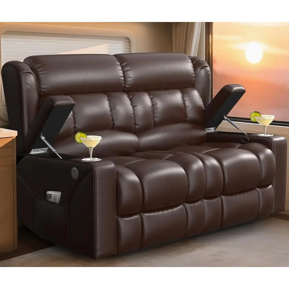 

Home Theater Reclining Loveseat with USB Ports, Cup Holders, and Storage, Brown