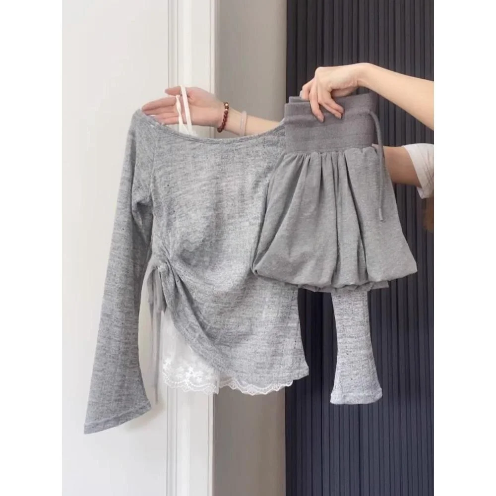 

plus Size Ballet Sport Grey Puff Flower Half Skirt Women Summer Grey Cover up Three Piece Set Trendy Casual Style Four Seasons