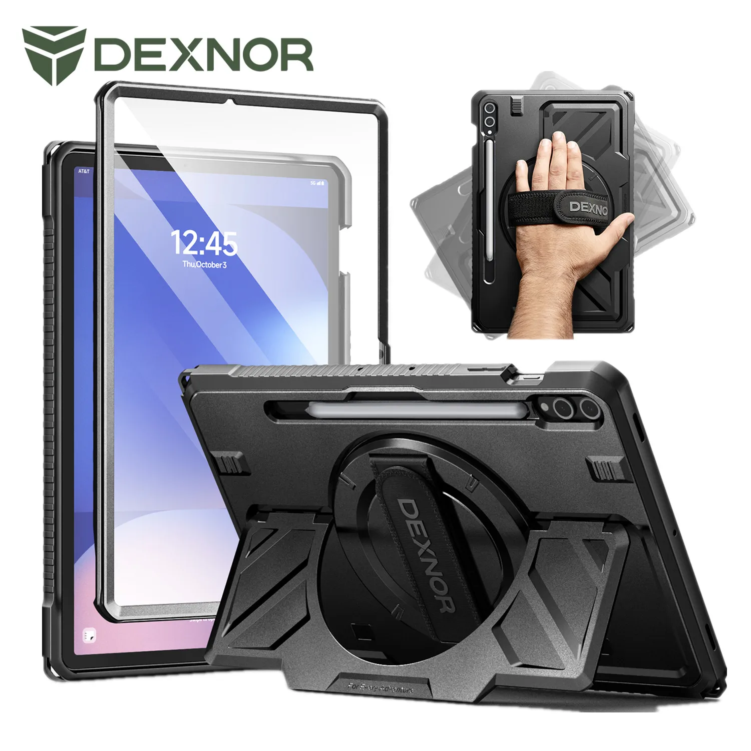 

Чехол Dexnor для Samsung Galaxy Tab S10 +/S9 + Plus, 12,4-дюймовая подставка с защитной пленкой для экрана, держатель для ручки, вращающийся на 360 градусов ремешок на руку