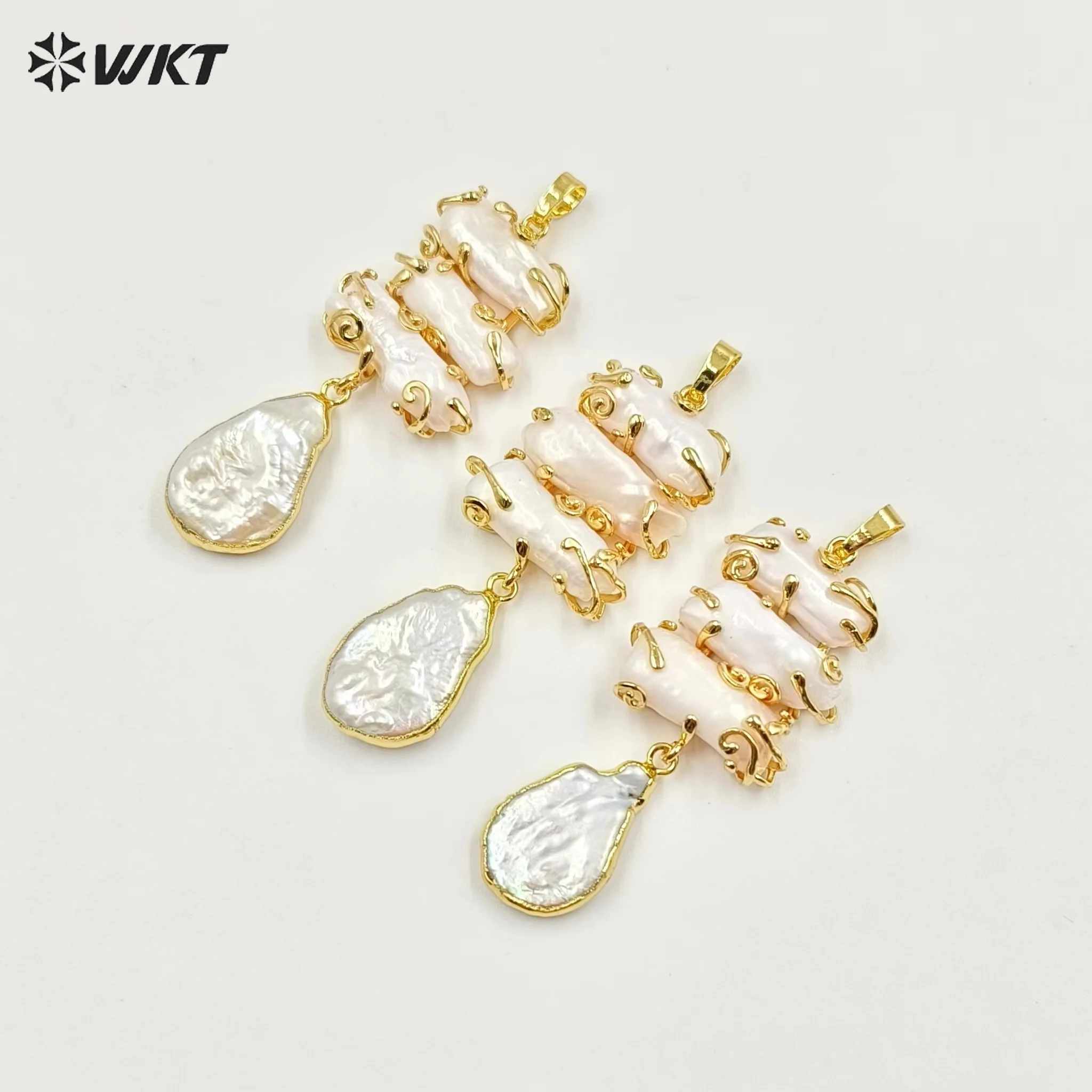 

WT-JP353 WKT New Exclusive Design Gorgeous Freshwater Pearl Long Dangle Claw Setting White Pearl Pendants