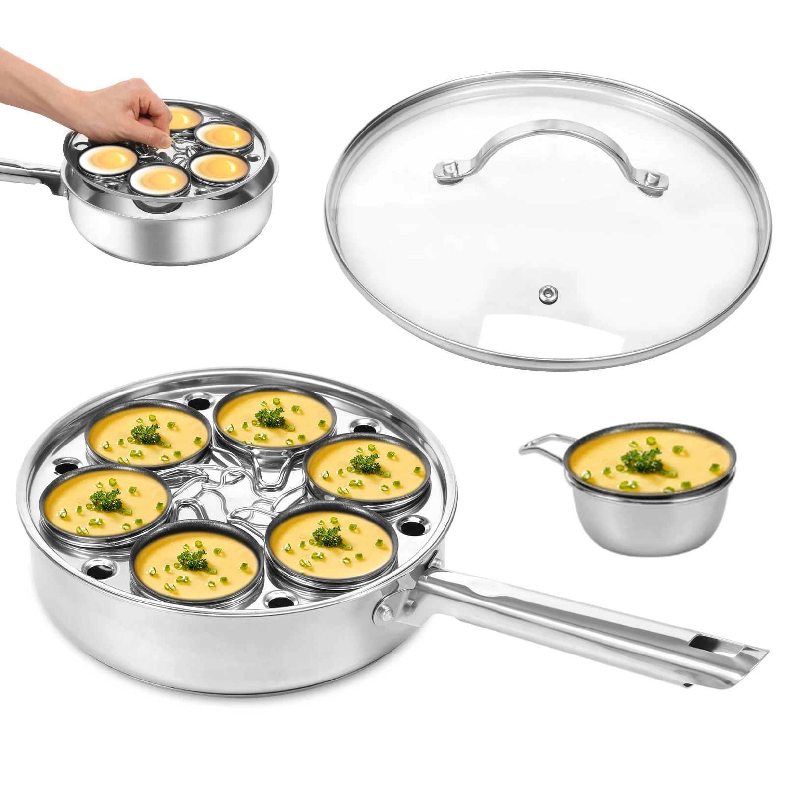 Edelstahl Eierpochierpfanne Eierkocher Eierdämpfer Bratpfanne für Induktionsherd Eierpochierer Küchen-Frühstücks-Kochgeschirr