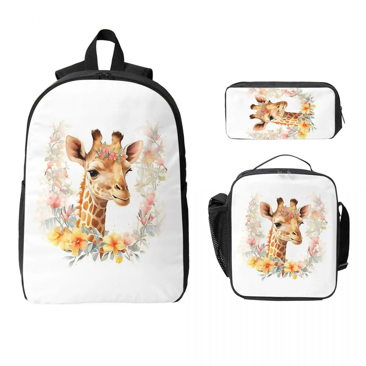 Giraffe With Floral Headpiece Backpack Student BookBag School Bag Computer Shoulder Bags 3ps Insulated Lunch Bag Pencil Case