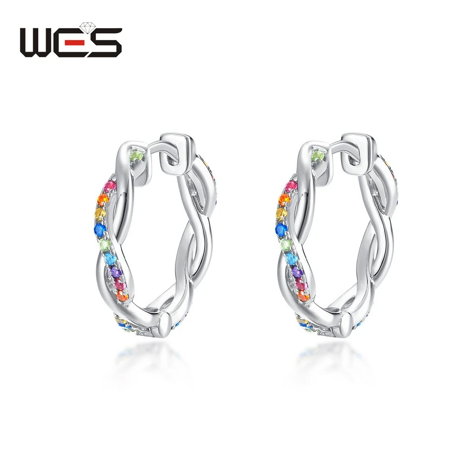 WES 925 Sterling Silver Statement Hoop Earrings for Women Rainbow Crystal Zicron Luxury Jewelry Trendy Gifts Elegant Girls