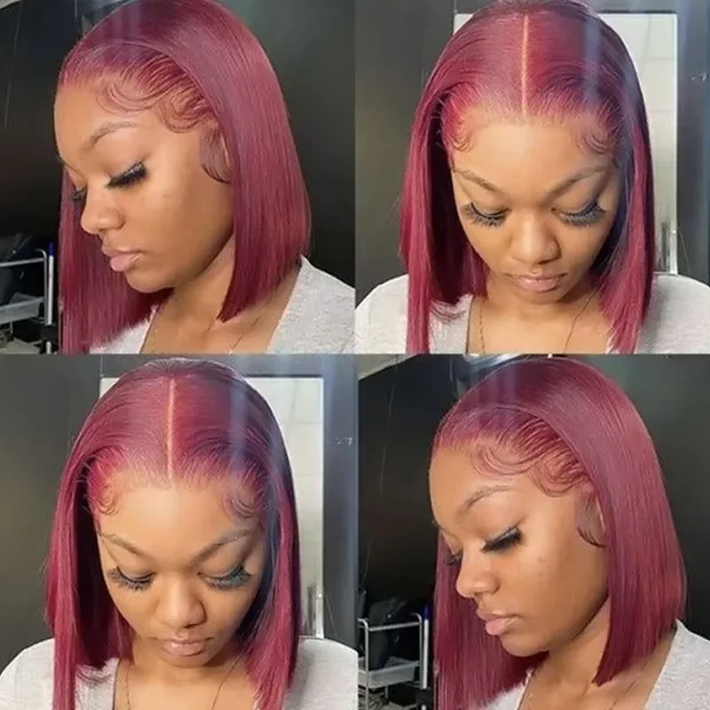 วิกผมบ๊อบผมแท้ 99j ความหนาแน่น 220% ขนาด 14 นิ้ว ผ้าลูกไม้ HD 13x4 ผ้าลูกไม้ด้านหน้า แสกกลางได้ สีแดงเบอร์กันดี วิกผมสั้นสำหรับผู้หญิง