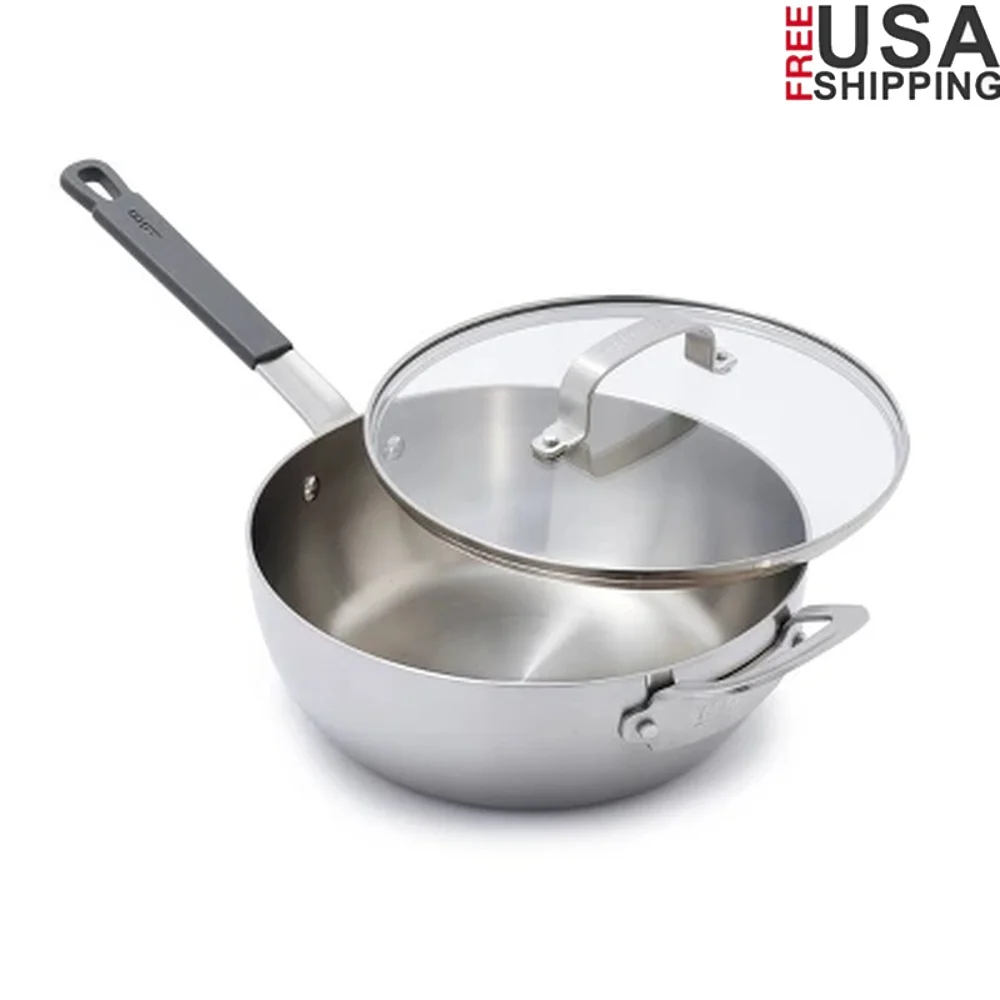 

3.5qt Stainless Steel Chef's Pan Induction Suitable Oven Safe Durable Aluminum Core Stay Cool Handle Dishwasher Safe Cooking