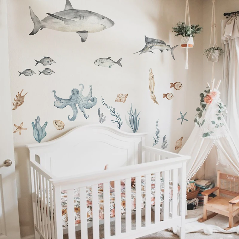 Ocean Animal Wall Sticker Large Watercolor Sharks Wall Decals Underwater World Marine Life Decals for Kids Room Composable Decor