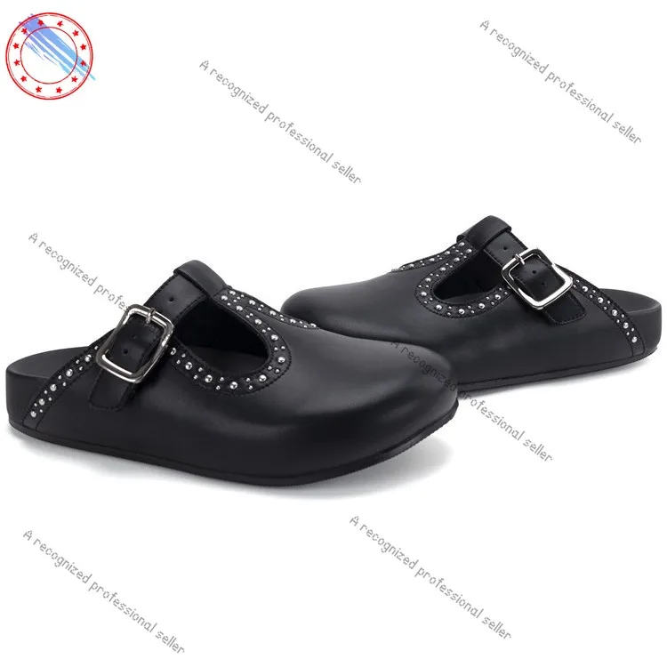 

2025 summer retro outer wear British style hollow rivet sandals flat bottom bag head half slippers