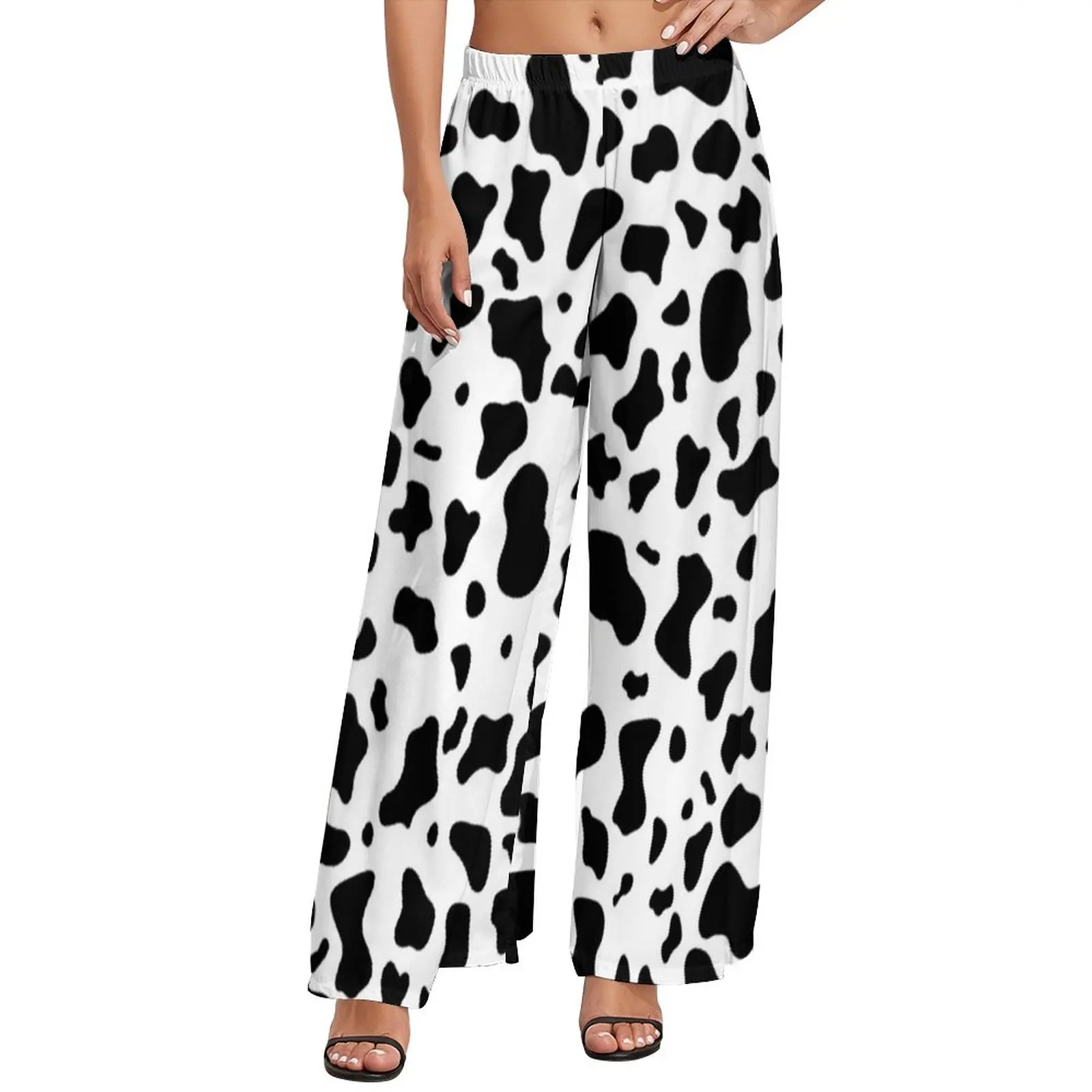 Black White Cow Print Pants Woman Trendy Pattern Spots Animal Harajuku Trousers Elastic Waist Workout Wide Leg Pants Gift