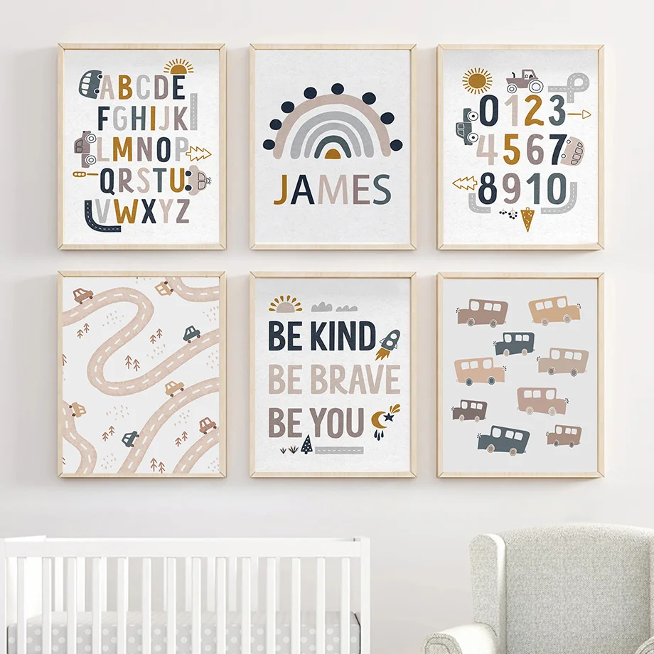 1pc frameless Canvas Painting 1pcs(No frame)Boho Car Traffic Rainbow Alphabet Digit Wall Art Canvas Painting Nordic Cartoon Post