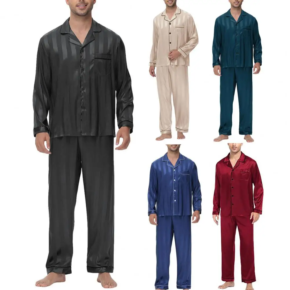 2Pcs/Set Silk Satin Men Pajama Set Button Down Pajama Top with Front Chest Pocket Long Pants Set Comfortable Night Sleepwear