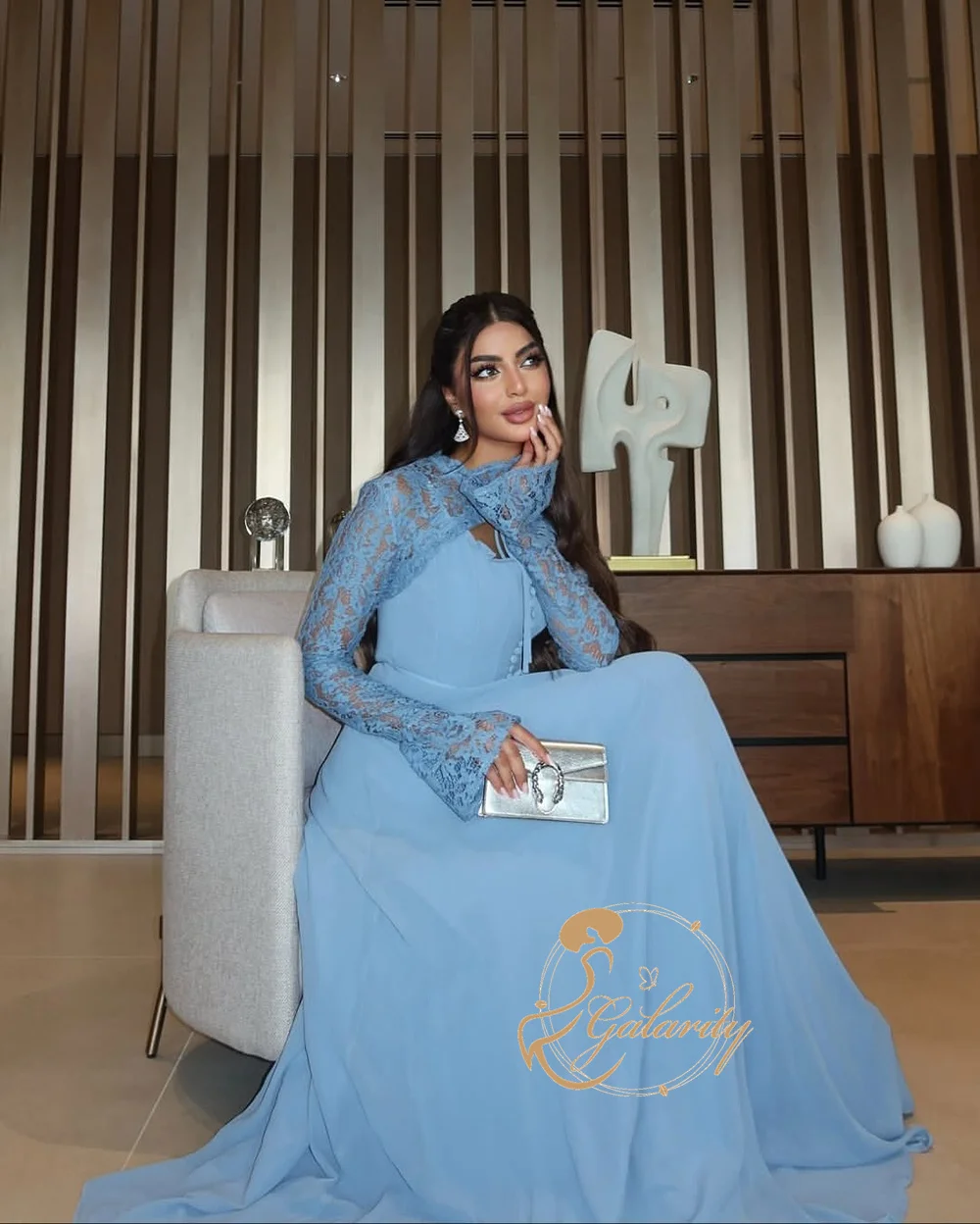 Galarity Blue Evening Gown Vintage Lace Cape Long Sleeve Corset Prom Dresses A Line Formal Dress Elegant Party Dress Customizd