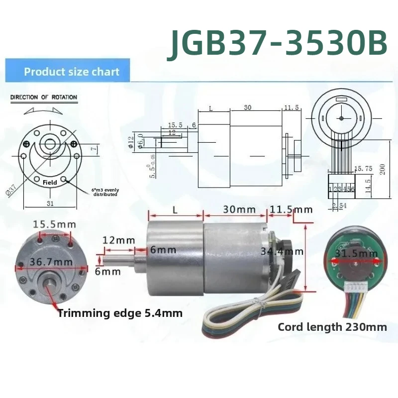 24v JGB37-3530B DC Motor with Encoder and Gearbox, Smart Car Robot Motor, Forward/Reverse Rotation