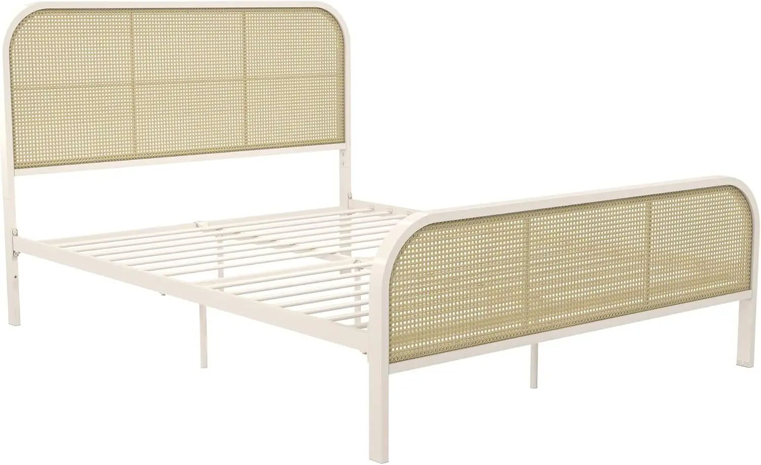 Roxanne Metal Platform Bed Frame With Cane Headboard, Queen, Parchment White
