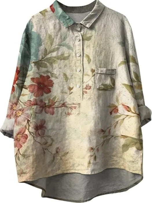 Retro Print  Collar Cotton Linen irt Women Spring Autumn Casual Boting irt Unique Exquisite Linen Top Trendy